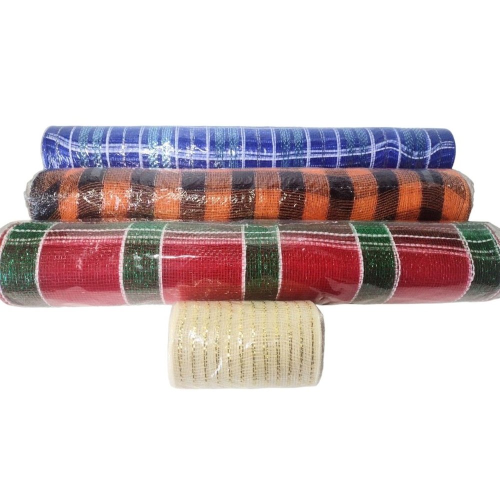 Deco Mesh Ribbon Wreath Crafting Fabric 4 Rolls NEW Christmas Metallic Plaid
